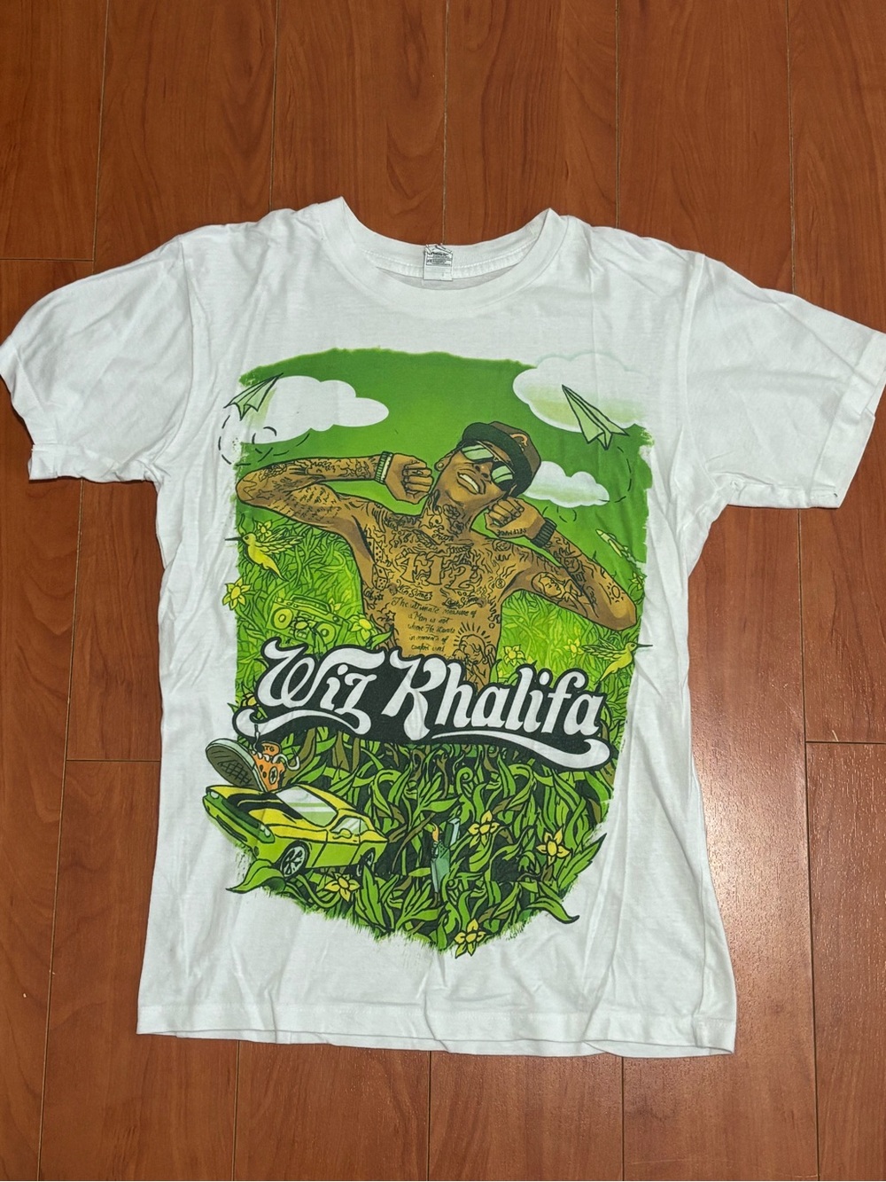 Wiz Khalifa White Graphic Tee with Green Artwork- Size XS